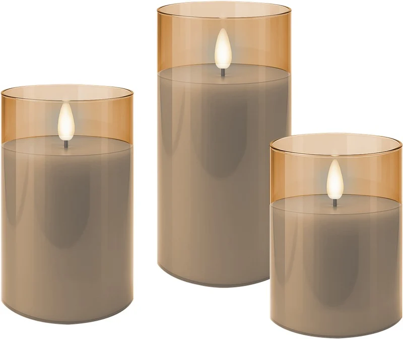 Goobay 3er-Set LED-Echtwachs-Kerzen im Glas mit Timerfunktion und 3D-Flammenkegel, batteriebetrieben, warmweiß (2700 K)