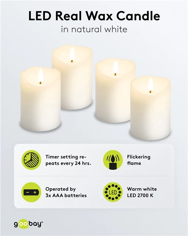 Goobay 4er-Set LED-Echtwachskerzen, weiß, inkl. 12x AAA (LR03) - mit Timerfunktion und Pendeldocht, batteriebetrieben, warmweiß (2700 K)