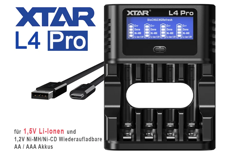 XTAR L4 Pro – Akku-Ladegerät mit LCD, Refresh & Discharge für Li-Ion/NiMH AA/AAA