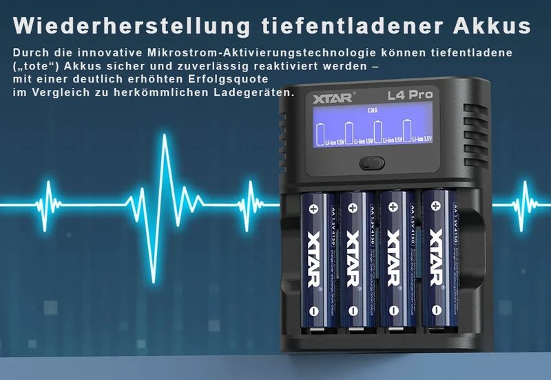 XTAR L4 Pro – Akku-Ladegerät mit LCD, Refresh & Discharge für Li-Ion/NiMH AA/AAA