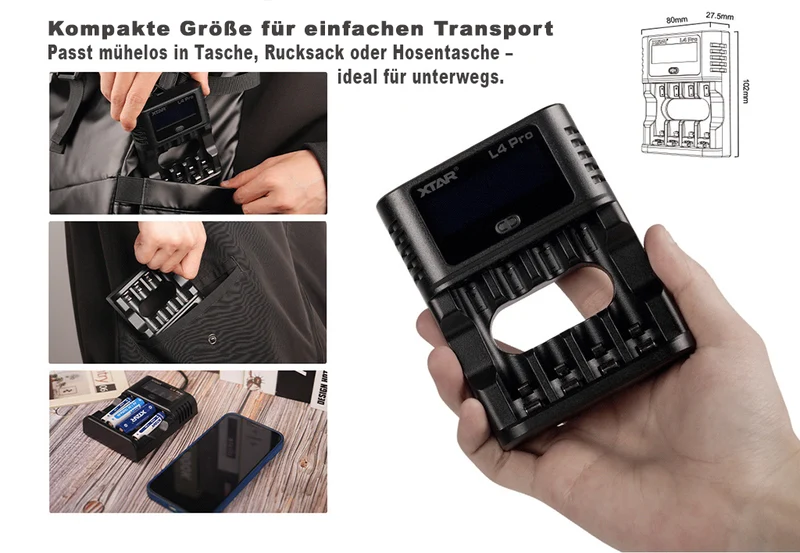 XTAR L4 Pro – Akku-Ladegerät mit LCD, Refresh & Discharge für Li-Ion/NiMH AA/AAA
