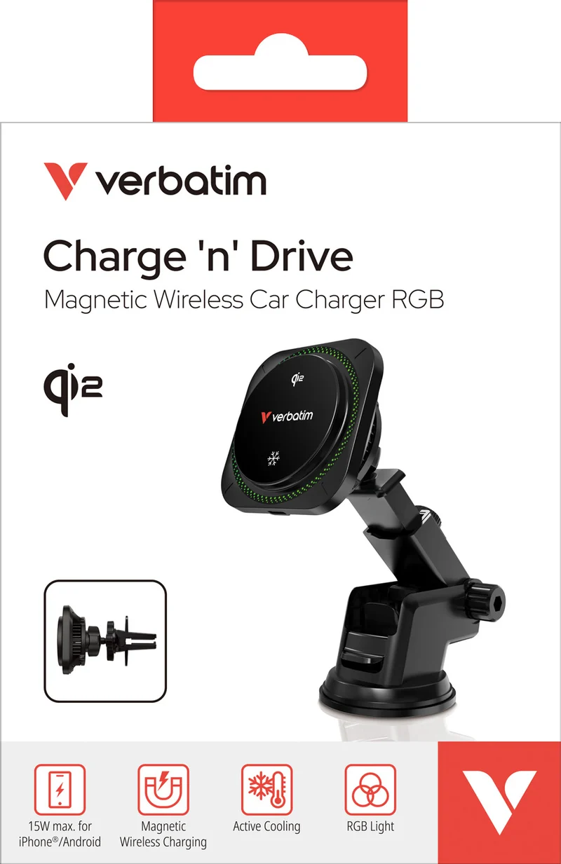 Verbatim Wireless Charger, Car, Qi2, Magnetic, RGB, CND-01 15W, USB-C Cable, 1m, Black, Retail