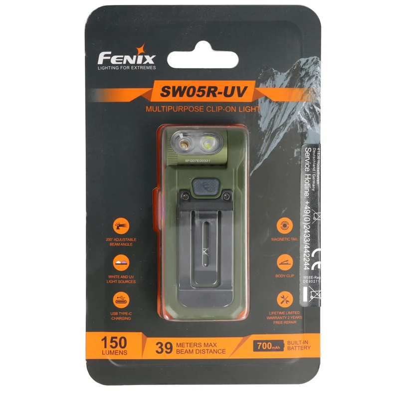Fenix SW05R-UV LED-Taschenlampe, mit Rotlicht, Clip und Magnet, 200° verstellbarer Lampenkopf, wiederaufladbar