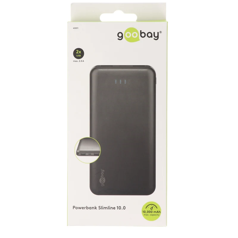 Goobay Powerbank Slimline 10.000mAh - Leistungsstarke 10.000mAh in einem handlichen wie griffigem Design mit Status-Display