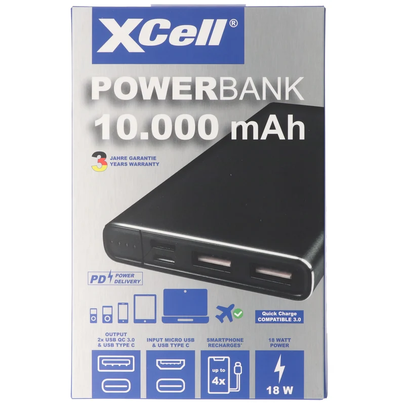 Xcell Li-Polymer Powerbank 10000mAh USB Type C und 2x QC3.0 18 Watt, max. 3A 137x67x14mm