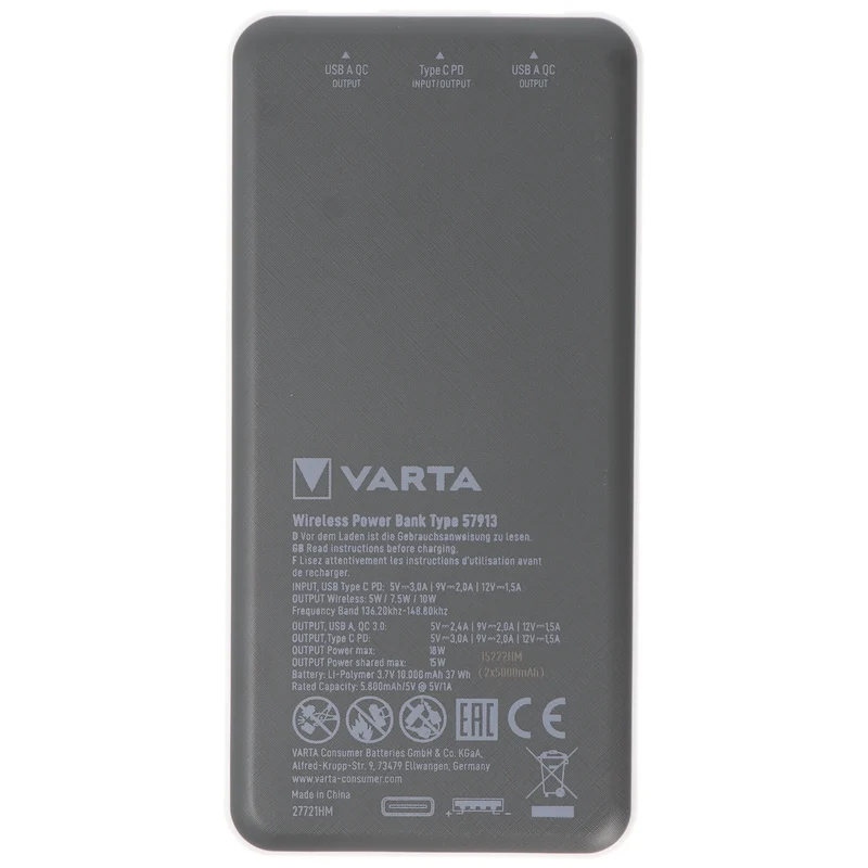 Varta Akku Powerbank, 3,7V/10.000mAh, Wireless, 2xUSB-A/1xUSB-C, QC 3.0, Power Delivery