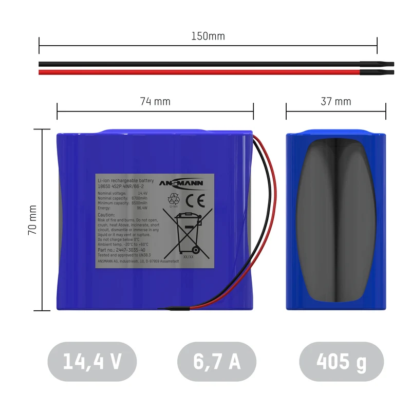 Ansmann Lithium-Ionen Akkupack 14,54 Volt / 6700 mAh / 4S2P, ideal für industrielle und mobile Anwendungen