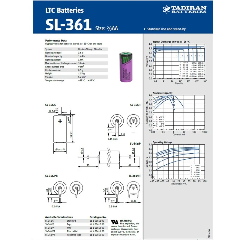 Tadiran LTC SL-361/P Lithium-Thionylchlorid Batterie 2/3 AA Mignon