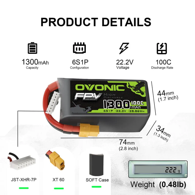 Ovonic FPV 6S 1300mAh 100C 22.2V XT60 LiPo Akkupack