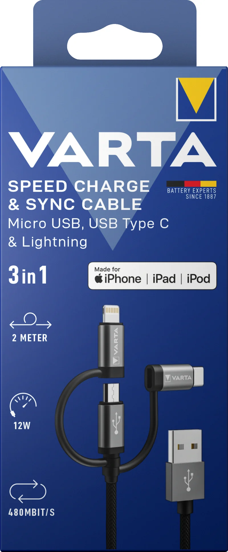 Varta Kabel, USB-A/Micro/C/Lightning, 3in1, 2.0m 12W, 480Mbit/s, schwarz, Retail-Blister