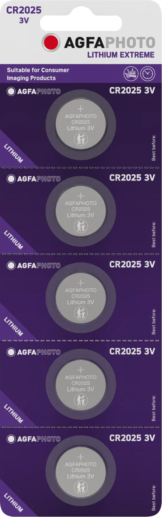 Agfaphoto Batterie Lithium, Knopfzelle, CR2025, 3V Extreme, Retail Blister (5-Pack)
