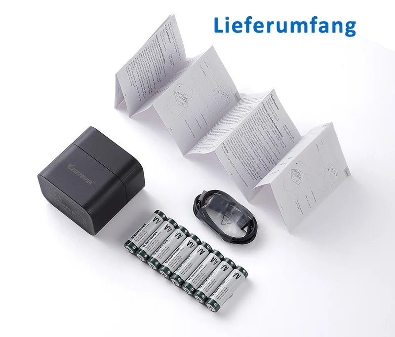 Keeppower I8 Ladegerät mit 8× 1,5V AA Li-Ion-Akkus – USB-C Eingang