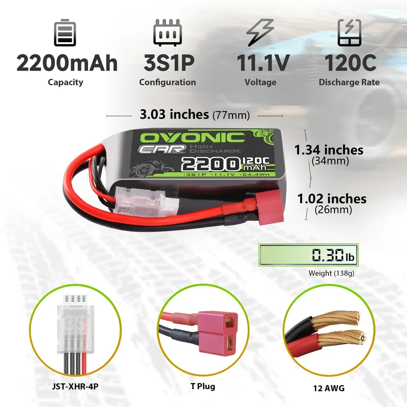 Ovonic Car 3S Short LiPo Akku 11,1V 2200mAh 120C mit Deans-T Stecker (2 St.)