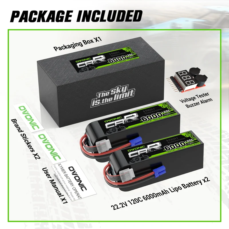 OVONIC 6S Akku 6000mAh 22,2V 120C Lipo Akku mit EC5 Anschluss & Lipo Spannungsprüfer (2 St.)