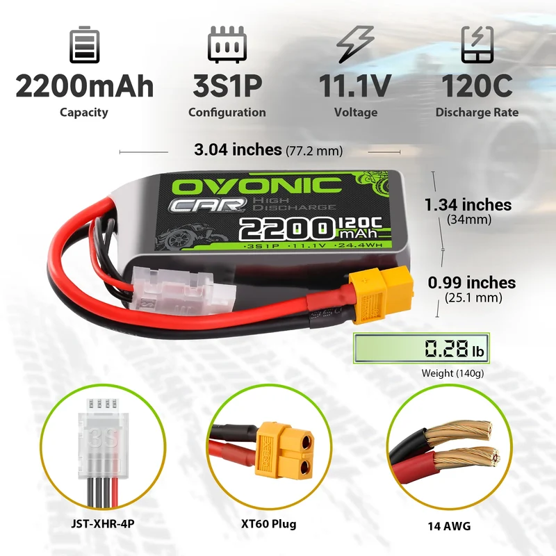 Ovonic Car 3S Short LiPo Akku 11,1V 2200mAh 120C mit XT60 Stecker & Lipo Spannungsprüfer ( 2 St.)