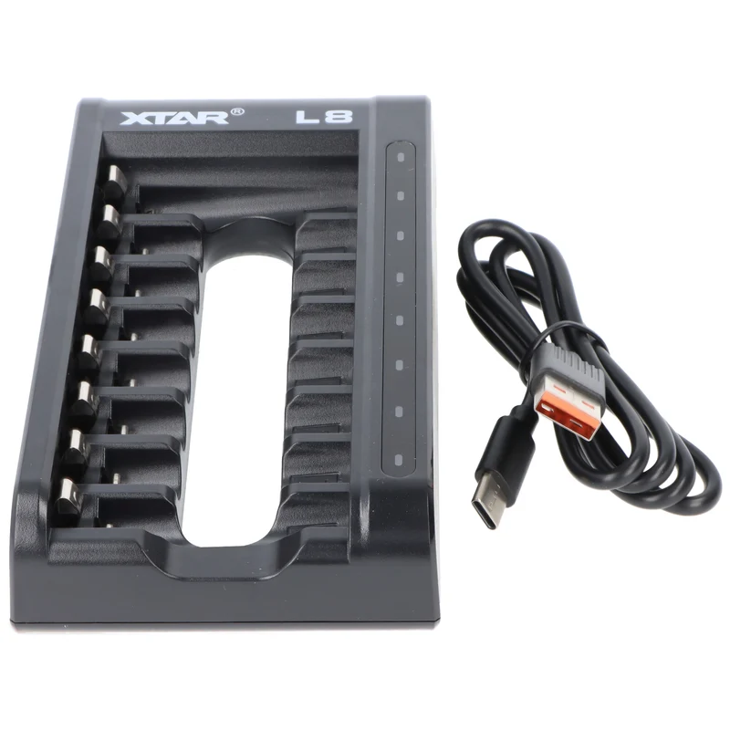 Xtar L8 Schnell-Ladegerät für 1,5V Li-Ionen und 1,2V NiMH AA, AAA Akkus, mit 8 Ladeschächten, inkl. 8x AAA 1,5V Akkus, mit Netzteil