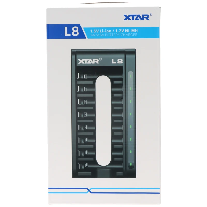 Xtar L8 Schnell-Ladegerät für 1,5V Li-Ionen und 1,2V NiMH AA, AAA Akkus, mit 8 Ladeschächten, ohne Akkus und ohne Netzteil