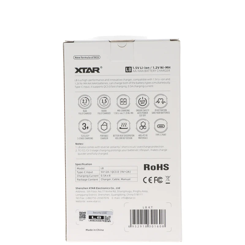 Xtar L8 Schnell-Ladegerät für 1,5V Li-Ionen und 1,2V NiMH AA, AAA Akkus, mit 8 Ladeschächten, ohne Akkus und ohne Netzteil