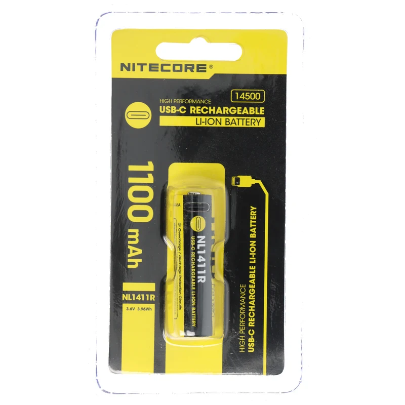 Nitecore Li-Ion Akku 14500, Typ NL1411R, 3,6V 1100mAh, mit USB-C-Ladeanschluss, 50,3 x 14,5mm