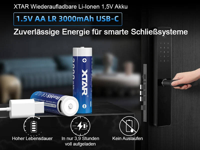 XTAR AA 1,5V Li-Ionen Akku 3000mAh – USB-C – mit gleichmäßig sinkender Spannung (4 St.)