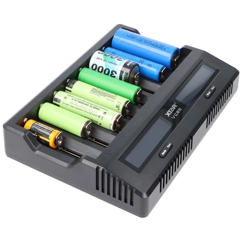 XTAR VC8S 8fach Schnell-Ladegerät für 1-8 Li-Ion 3,6V und 3,7V Akku und NiMH 1,2V Akku, USB-C-Ladeanschluss, max. 8A Gesamtleistung