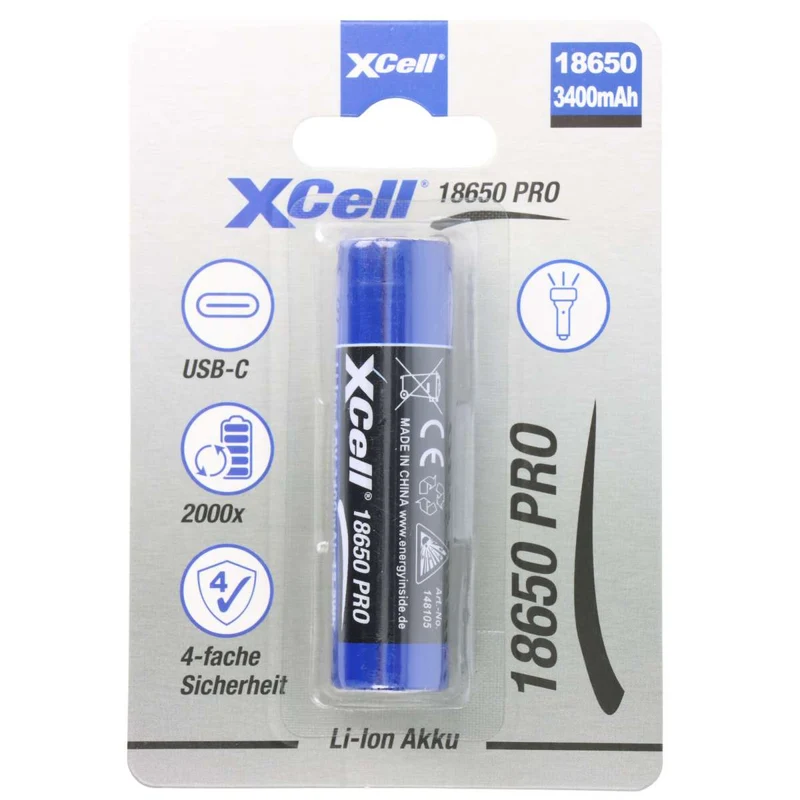 Xcell Pro 18650 Li-Ion Akku geschützter Li-Ion Akku, mit USB-C Ladebuchse, min. 3250mAh max. 3400mAh, 3,6 Volt, 71,1mm x 18,8mm
