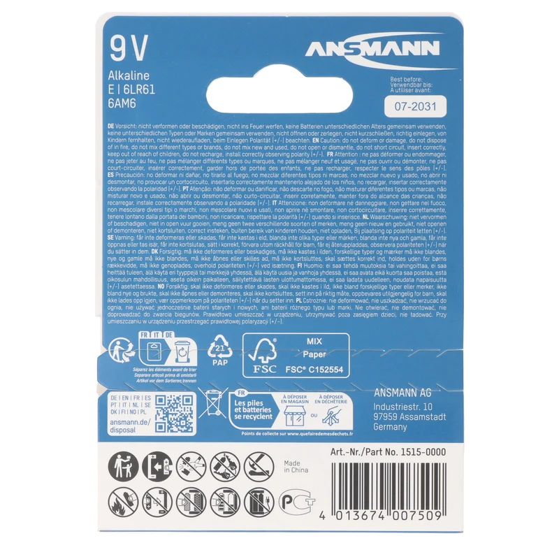 Ansmann Alkaline 9V Batterie, Block E, 6LR61, 1er Papierblister