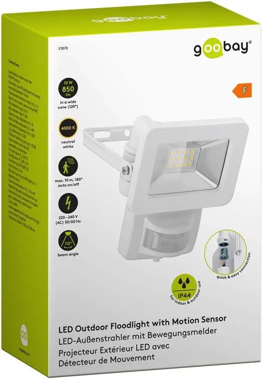 Goobay LED-Außenstrahler, 10 W, mit Bewegungsmelder - mit 850 lm, neutralweißem Licht (4000 K), PIR-Sensor mit ON-/OFF-Funktion und M16-Kabelverschraubung, für den Außeneinsatz geeignet (IP44)