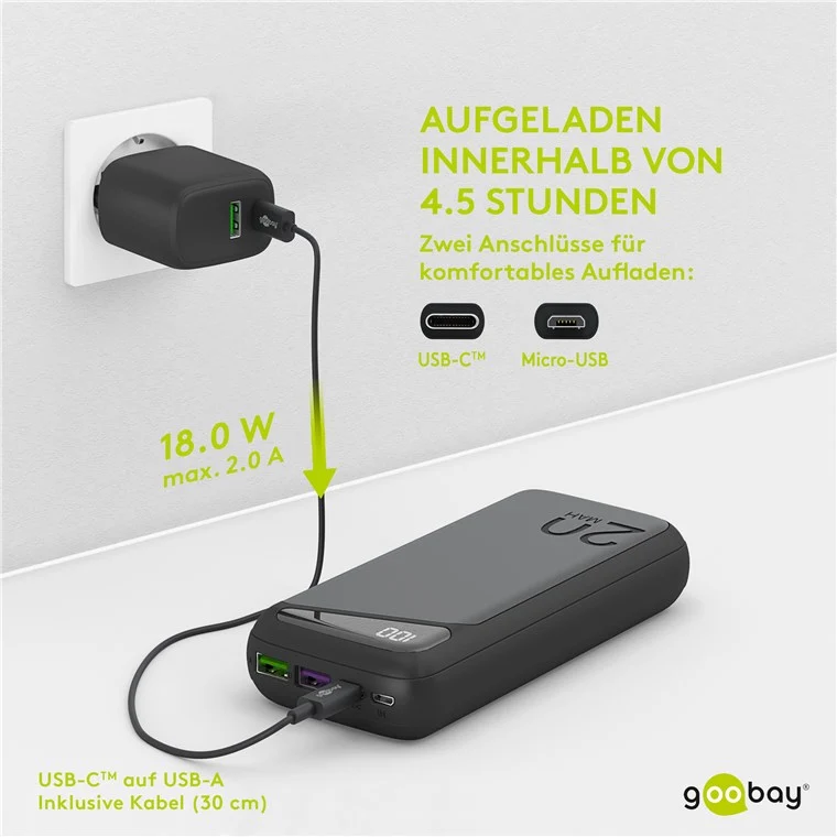 Goobay Schnelllade-Powerbank 20.000 mAh (USB-C™ PD, QC 3.0) - Leistungsstarke Powerbank mit Statusanzeige, Quick Charge-kompatibel