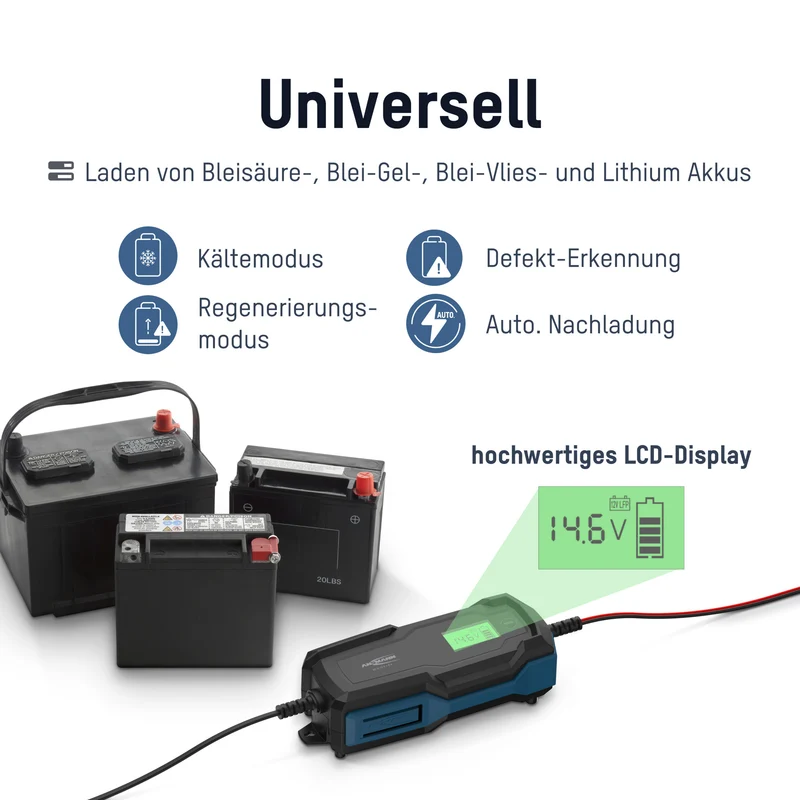 Ansmann BC 6-12V/6A 10-Stufen Kfz-Ladegerät für 6V und 12V Blei-Säure-, Blei-Gel- und Blei-Vlies-Batterien, sowie 12V LiFePO4 Batterien
