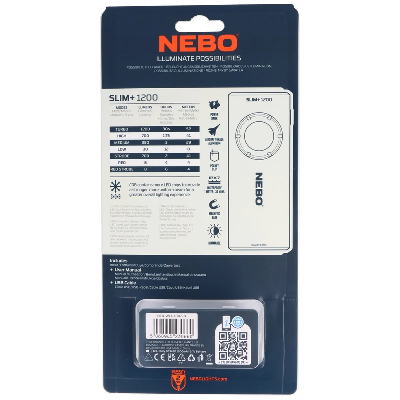 NEBO Slim+ 1200 COB-LED Taschenlampe, 1200 Lumen, 52 Meter Leuchtweite, Powerbank-Funktion, wiederaufladbar