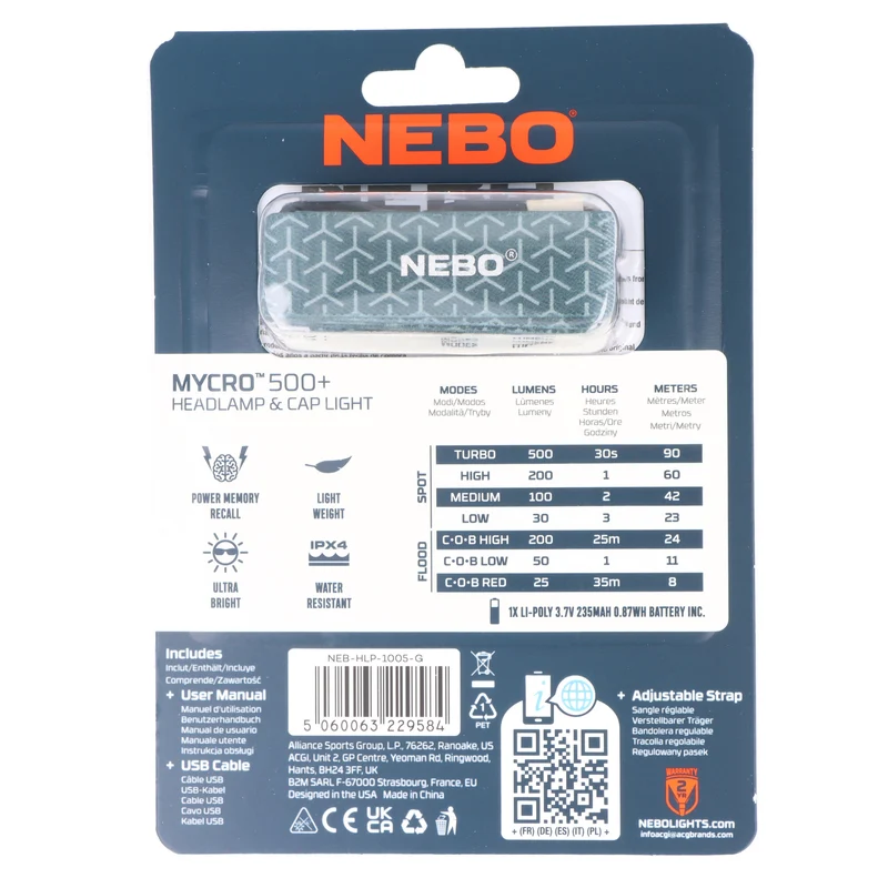 NEBO MYCRO 500+ Stirnlampe mit bis zu 500 Lumen und 90 Meter Leuchtweite, integrierter Akku 3,7V 235mAh Li-Polymer