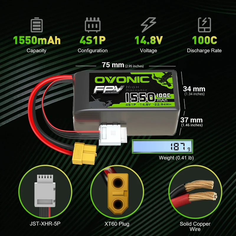Ovonic FPV 4S LiPo-Akku 14,8V 1550mAh 100C LiPo-Akku mit XT60-Stecker