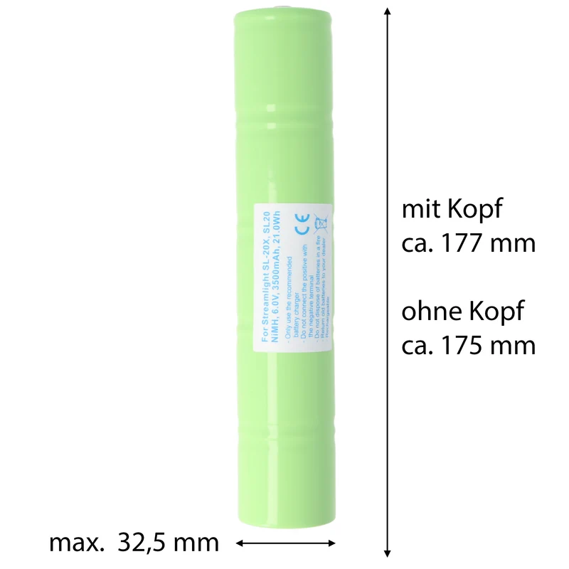 AccuCell Nachbau Akku passend für den Streamlight SL-20X Akku, SL20, NiMH Akku IMT-3500D 6,0 Volt 3500mAh, 21Wh, 178x32,5mm