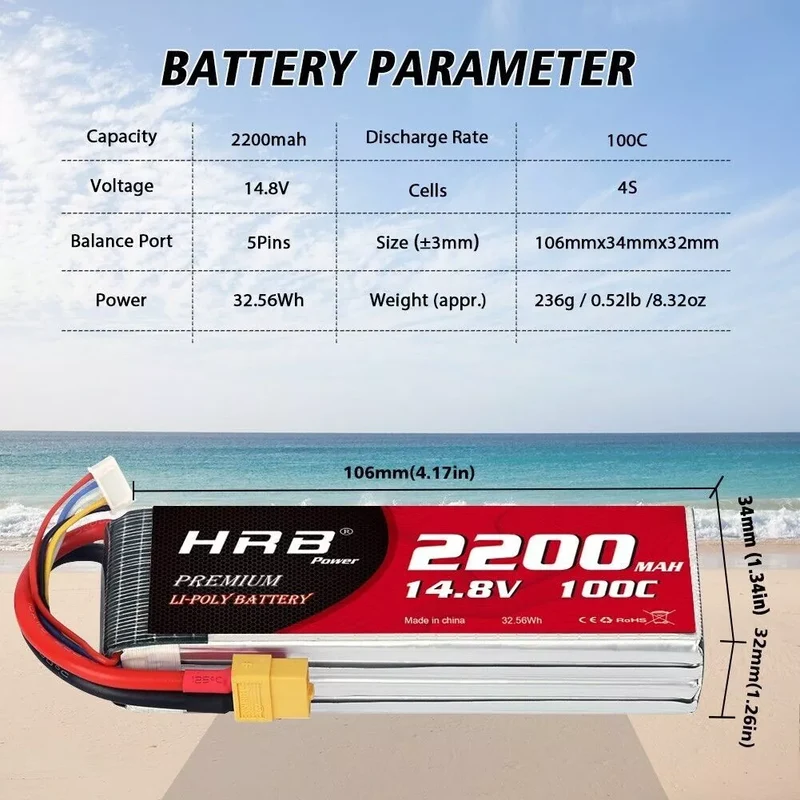 HRB 4S 2200mAh 14,8V 100C LiPo-Akku mit XT60-Stecker
