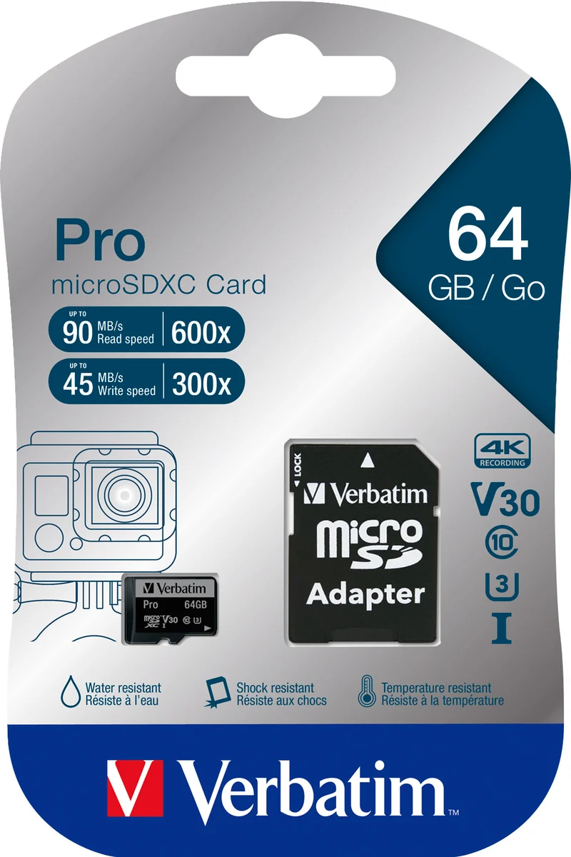 Verbatim microSDXC-Card 128GB, PRO, U3, UHS-3, 4K UHD (R) 90MB/s, (W) 45MB/s, SD Adapter, Retail-Blister