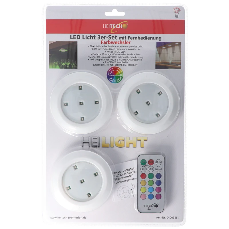 Heitech LED Licht 3er-Set mit Fernbedienung, flexible Unterbauleuchte mit Licht in verschiedenen Farben, inklusive 3x AAA Batterien und 1x CR2025 Batterie