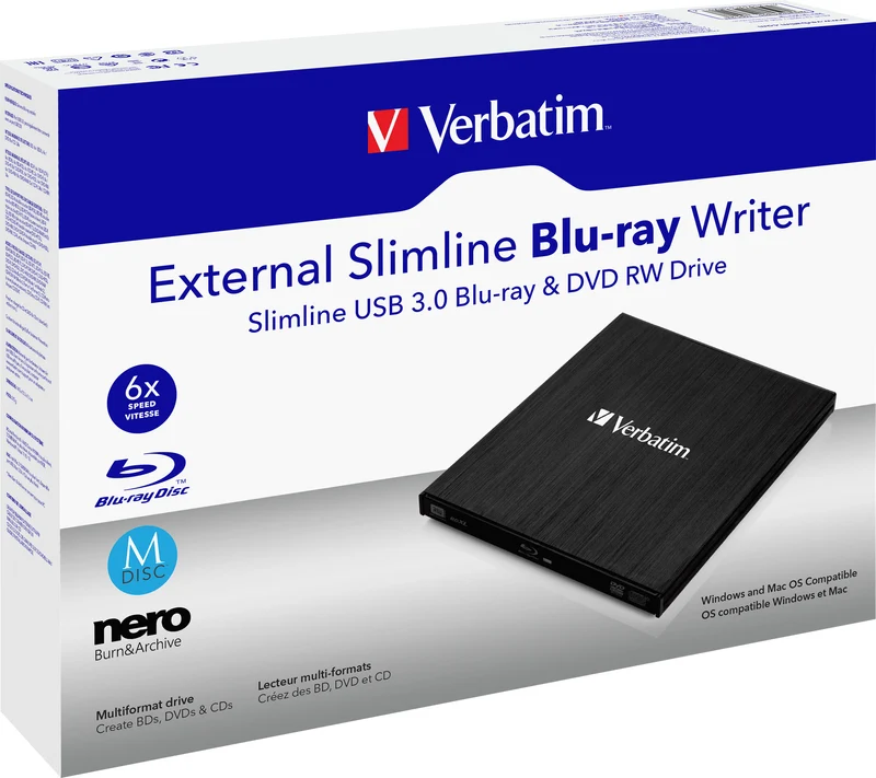 Verbatim Blu-ray Recorder, USB 3.0, 6x/8x/24x, Slimline Portable, schwarz, BDXL, M-DISC, Software, Retail