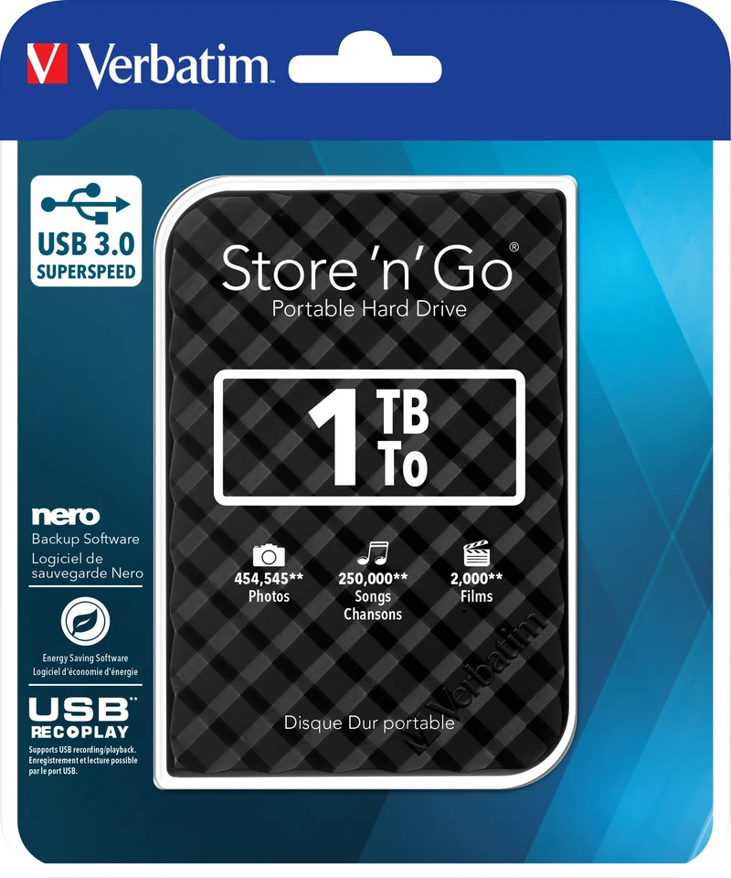 Verbatim Festplatte 1TB, USB 3.0, 6.35cm (2.5''), schwarz Store´n´Go, Gen 2, Software Nero Backup, Retail