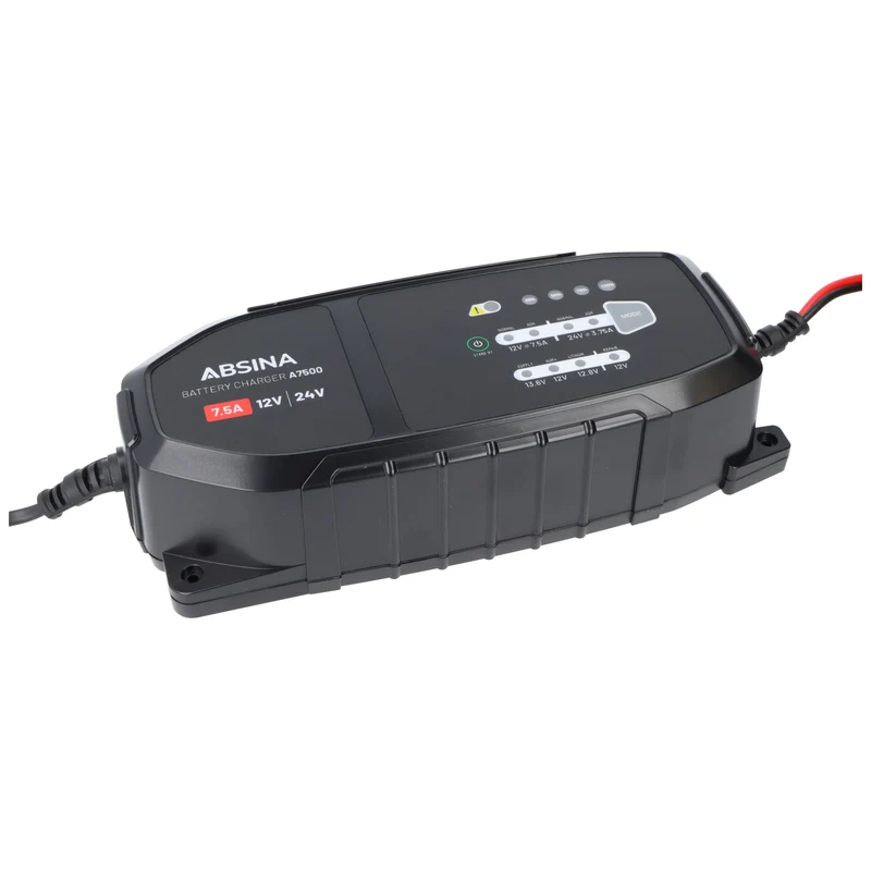 Absina Ladegerät A7500, Ladegerät für 12-24V Blei- und LiFePO4 Akkus, max. Ladestrom 7,5A, ideal für Auto, Motorrad, Wohnmobil