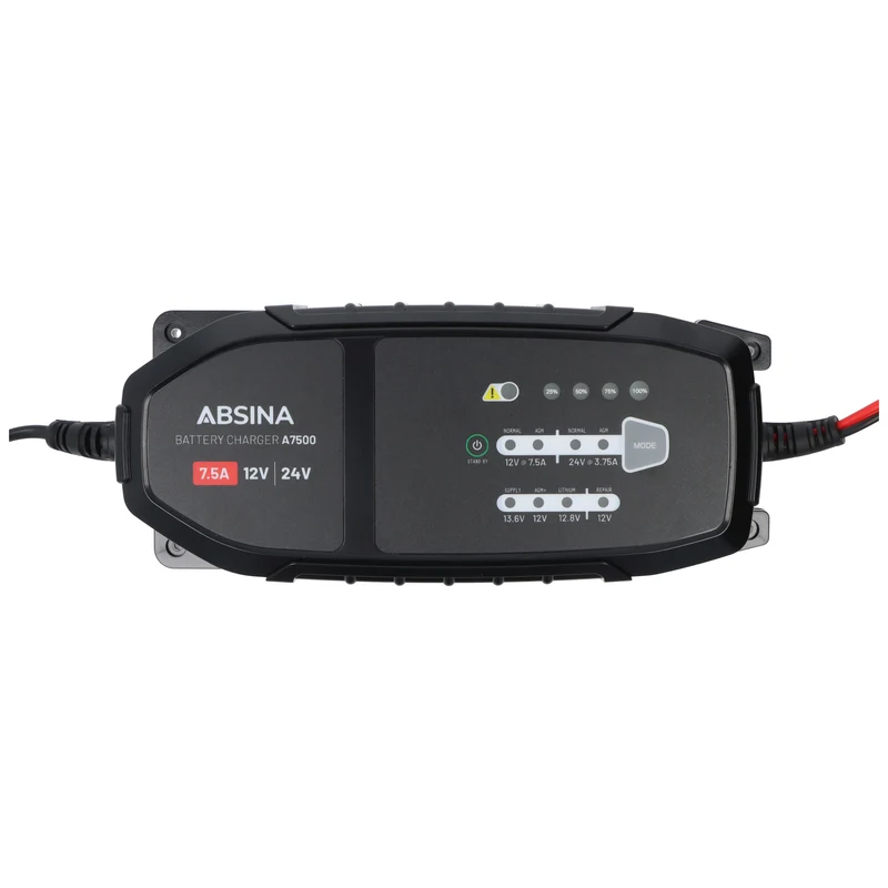 Absina Ladegerät A7500, Ladegerät für 12-24V Blei- und LiFePO4 Akkus, max. Ladestrom 7,5A, ideal für Auto, Motorrad, Wohnmobil