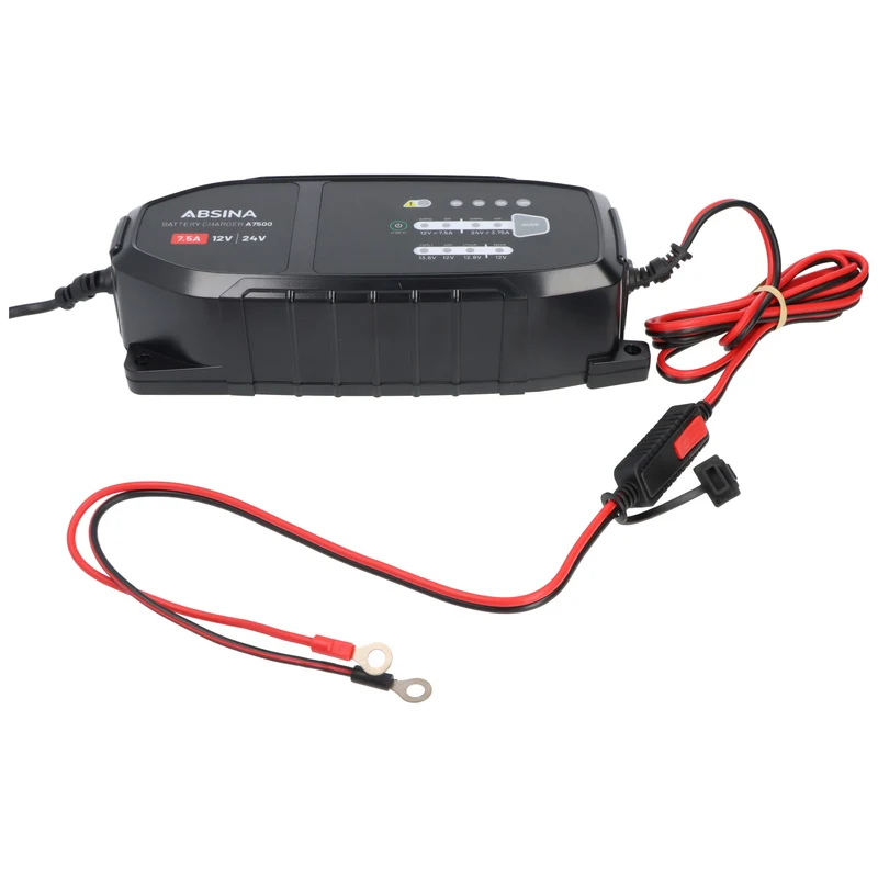 Absina Ladegerät A7500, Ladegerät für 12-24V Blei- und LiFePO4 Akkus, max. Ladestrom 7,5A, ideal für Auto, Motorrad, Wohnmobil