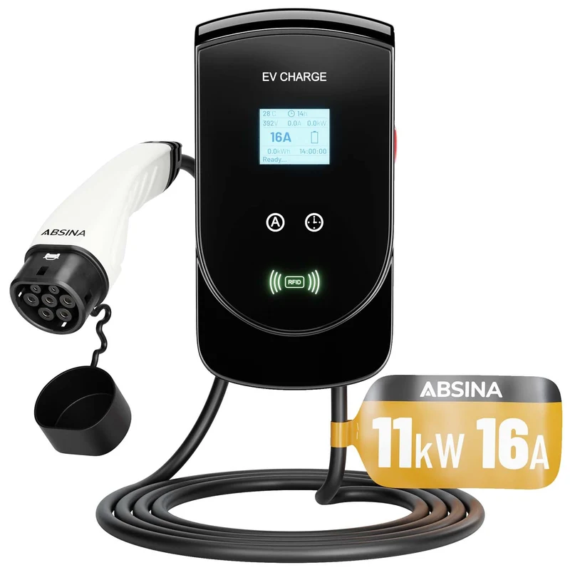 Absina E-Auto Ladestation, Wallbox Typ 2 mit RFID Funktion, einstellbaren Ladeströmen, 11 KW Wallbox für E-Autos zum schnellen aufladen von E-Fahrzeugen