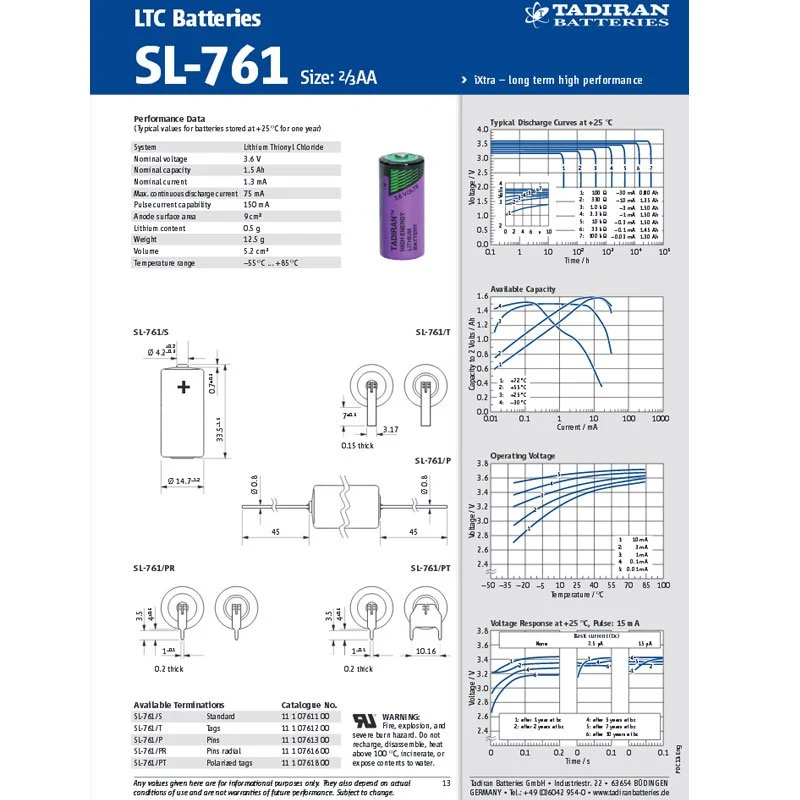 Sonnenschein Inorganic Lithium Battery SL761/P mit Lötfahnen