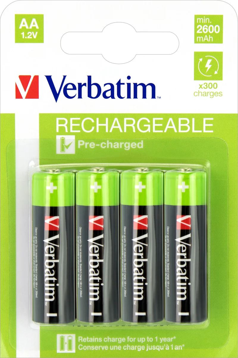 Verbatim Akku NiMH, Mignon, AA, HR06, 1.2V/2500mAh Pre-charged, Retail Blister (4-Pack)