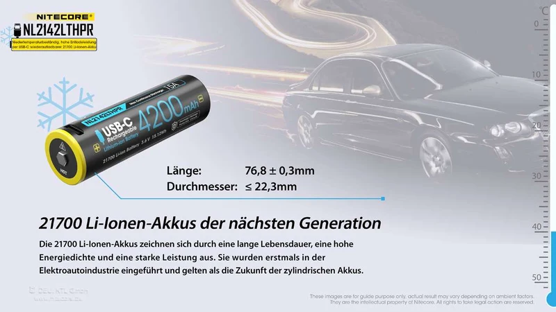Nitecore Li-Ion Akku Typ 21700 - 4200mAh LTHPR, Low Temperature, USB ladbar