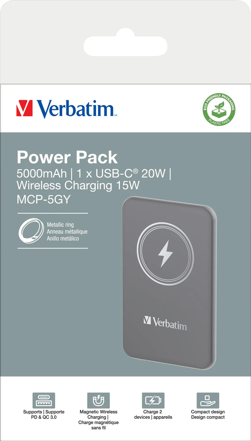 Verbatim Akku Powerbank, 5.000mAh, MCP-5GN, grau Magnetic Wireless, USB-C, QC-PD 3.0, Retail-Blister