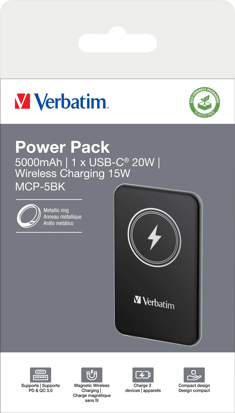 Verbatim Akku Powerbank, 5.000mAh, MCP-5GN, grau Magnetic Wireless, USB-C, QC-PD 3.0, Retail-Blister