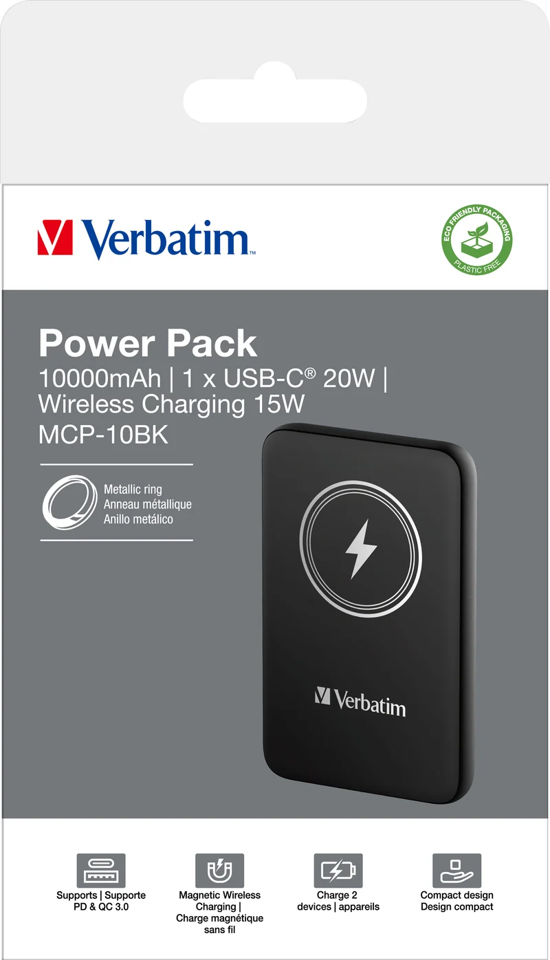Verbatim Akku Powerbank, 10.000mAh, MCP-10GN, grau Magnetic Wireless, USB-C, QC-PD 3.0, Retail-Blister