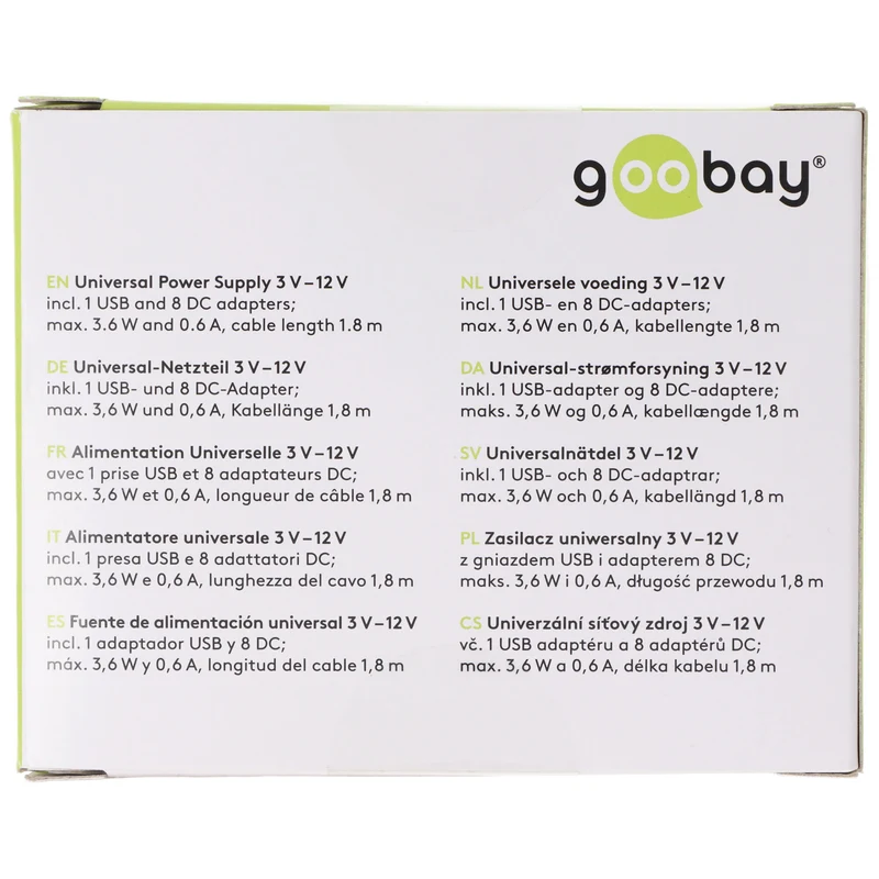 Goobay 3 V - 12 V Universal-Netzteil inkl. 1 USB- und 8 DC-Adapter - max. 3,6 W und 0,6 A